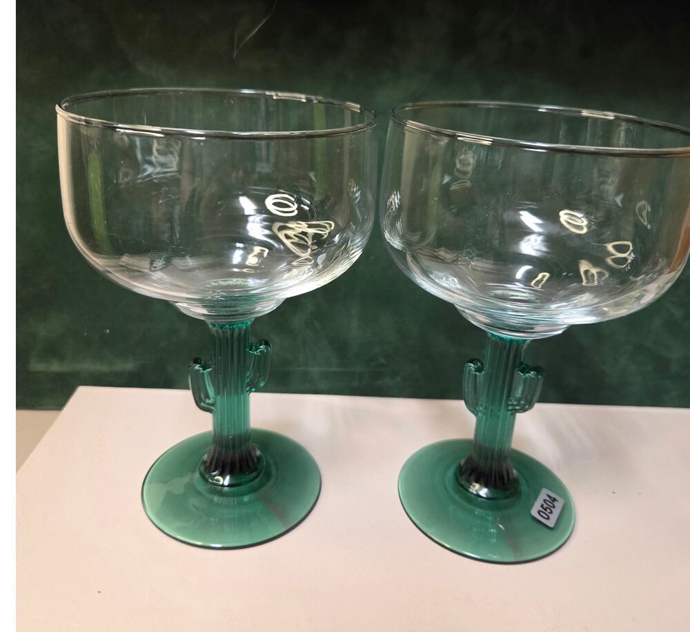 Cactus Stem Margarita Glasses Set of 2 Green Southwest Barware 6.5"